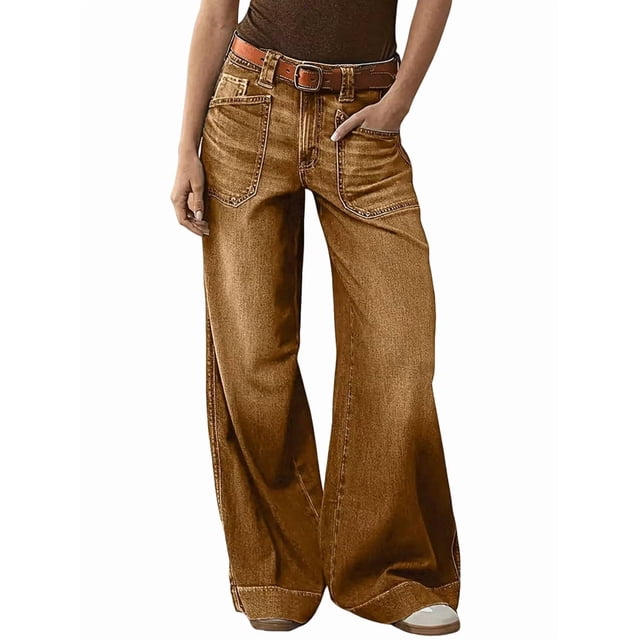 Womens Wide Straight Leg Mid Rise Baggy Pocket Denim Jeans Without Belt Dark Brown XXL