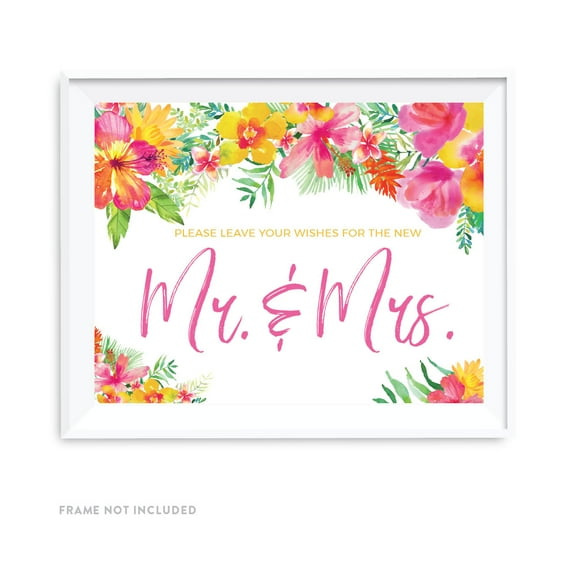 Tropical Floral Garden Party Wedding Party Signs, Please Leave Your Wishes for the New Mr. & Mrs., 8.5x11-inch