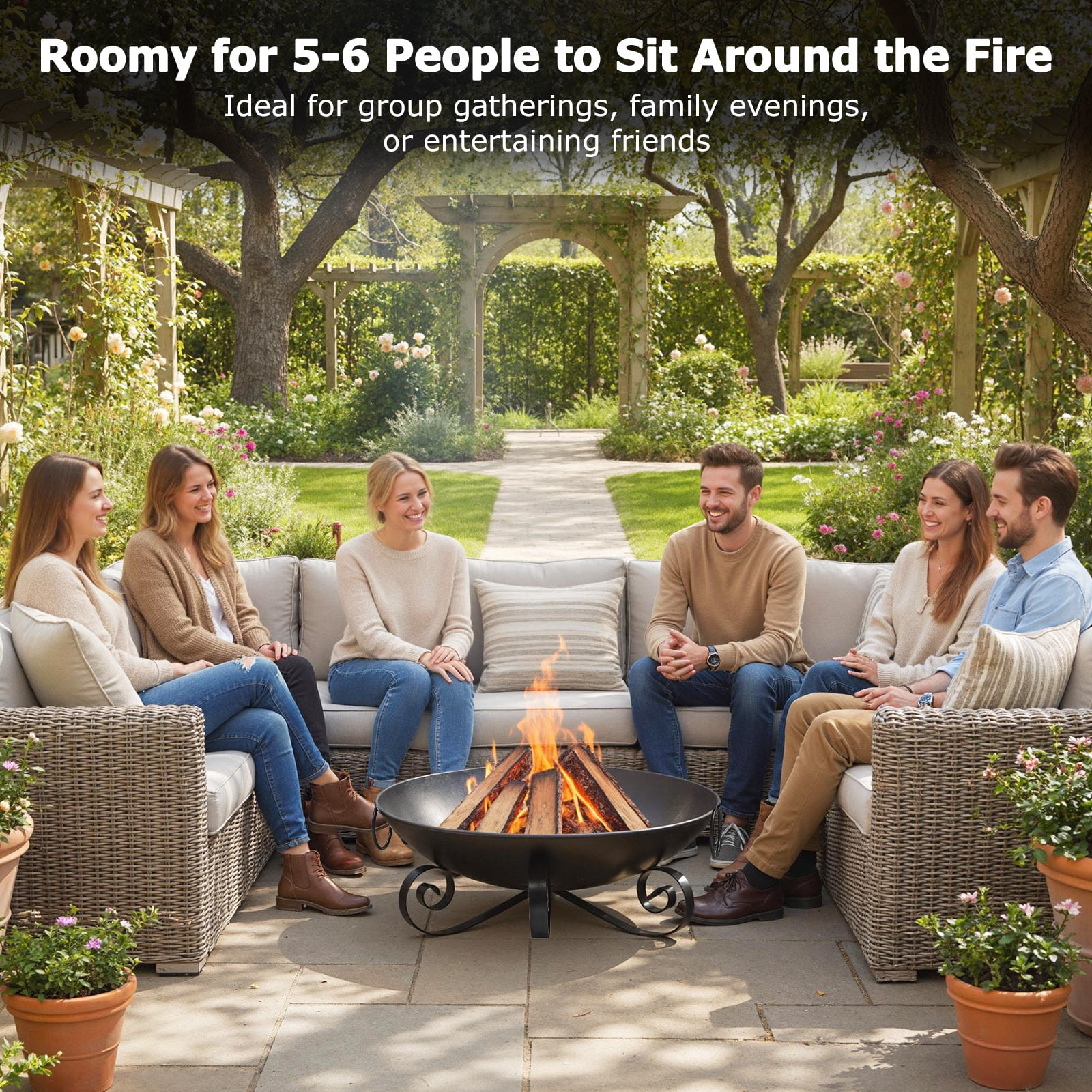 Patiojoy 24 Inch Heavy-Duty Metal Fire Pit Bowl Outdoor Wood-Burning Firepit with Handles
