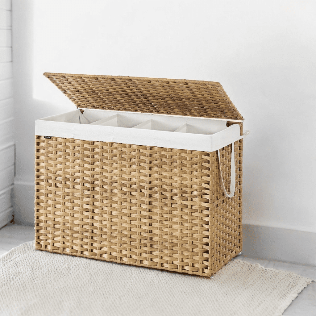 LEDREM 200L Double Laundry Hamper with Lid, 4 Sections & 6 Mesh Bags, Wicker Design, Removable Liners, for Bathroom/Bedroom, Natural