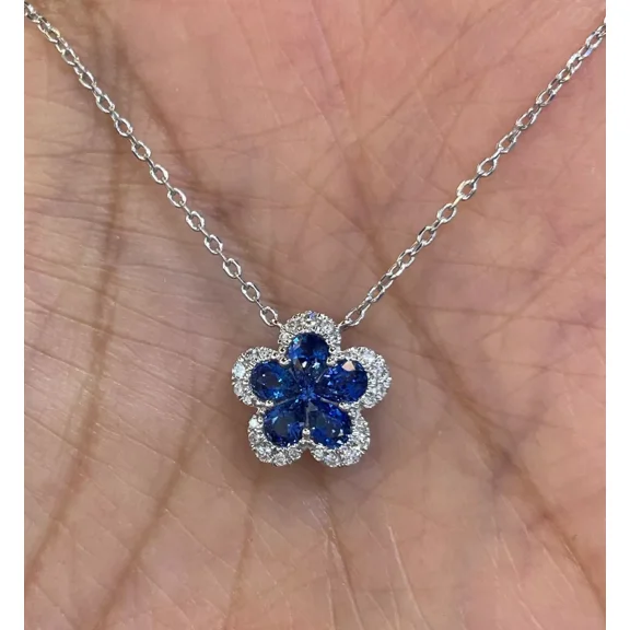 2Ct Pear Cut Lab Created Blue Sapphire Diamond Flower Pendant Necklace in 14K White Gold Plated