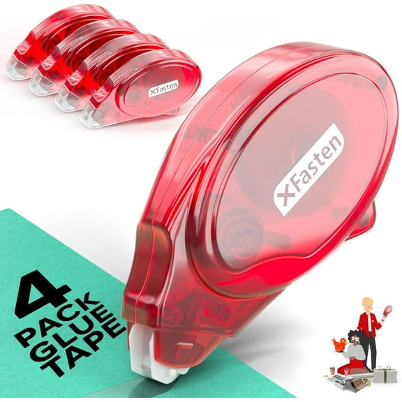 XFasten Double-Sided Adhesive Roller, 8mm x 30 Ft, 4 Pack, Red Shell with Clear Tape, Permanent
