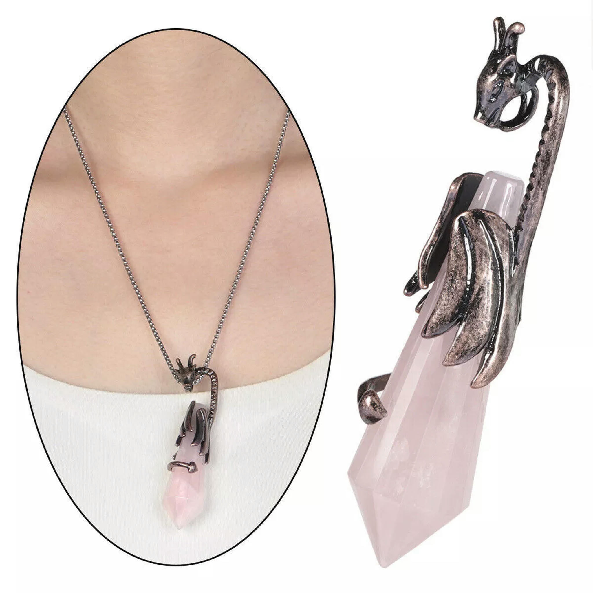 HOOUN 5pcs Natural Rose Quartz Stone Flying Dragon Pendants Demon Dragon Around Column