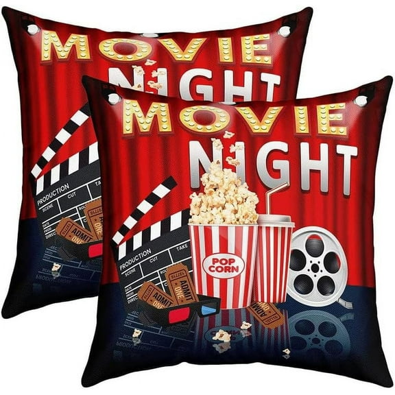 Movie Night Reversible Throw Pillow Covers for Theater Cinema Poster Pillow Covers Home Decor Old Fashion Home Decor Square Cushion Covers Set of 2 Popcorn Snacks 18 x 18-Inch