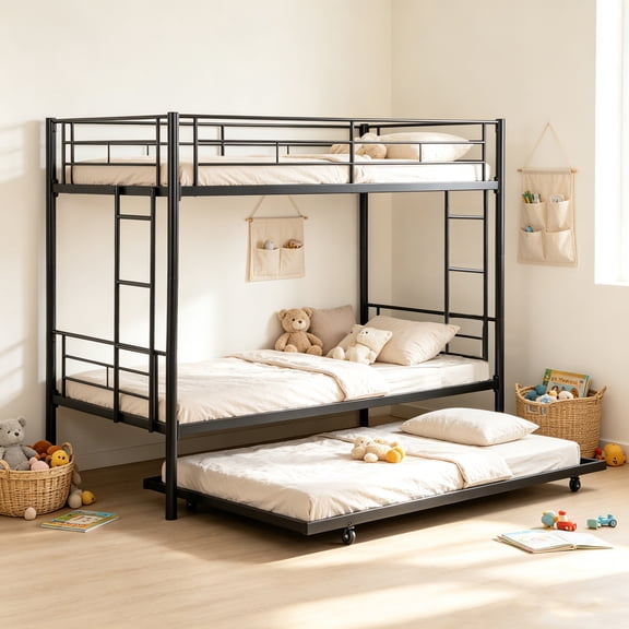 ASINMAK Twin over Twin Metal Triple Bunk Bed with Trundle, Heavy Duty 2-in-1 Convertible Bed for Teens & Adults, 12-inch High Guardrail, Space-Saving Side Ladder, Underbed Storage, Black