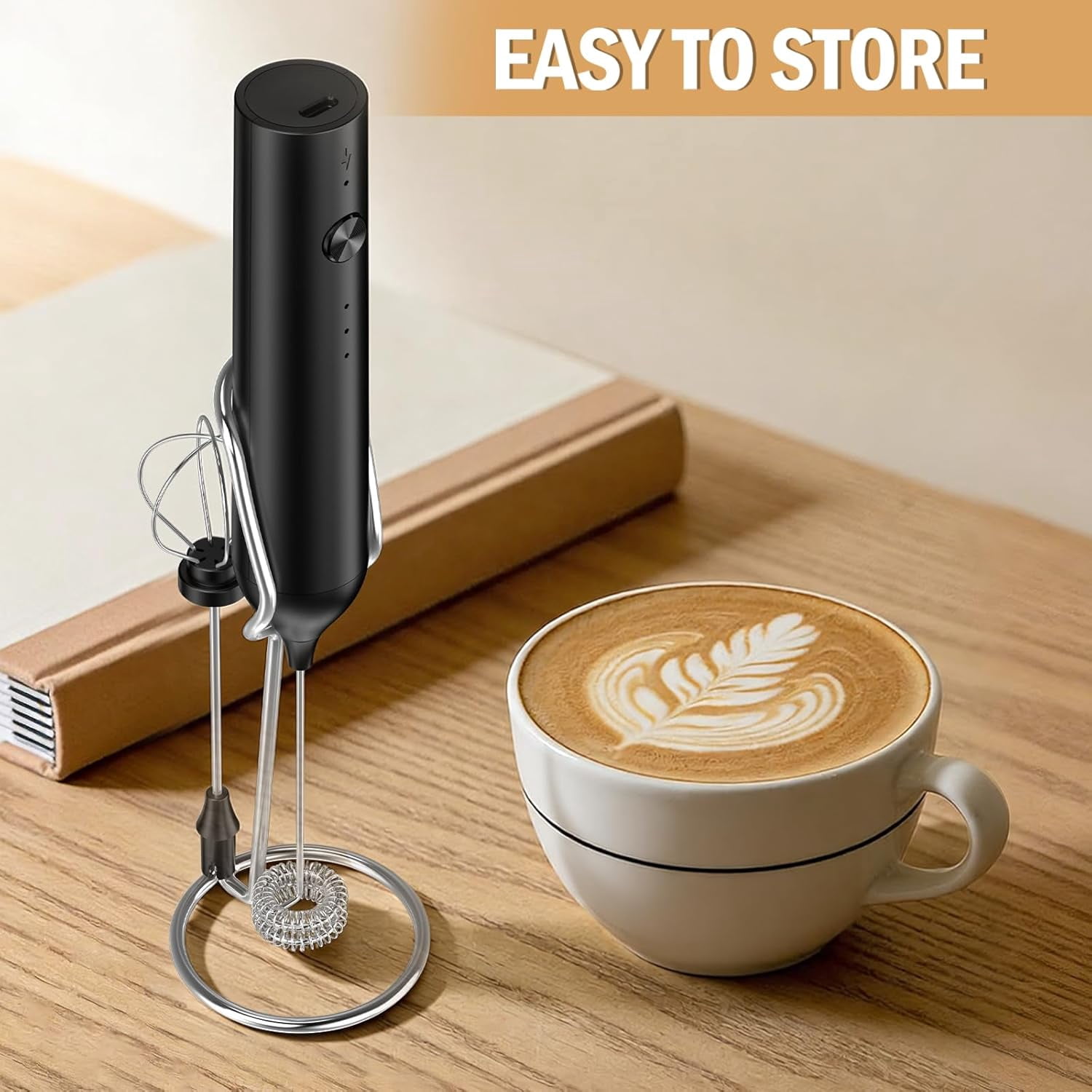Rechargeable Milk Frother Handheld, Electric Whisk with 3 Speeds, Hand Drink Mixer with 2 Heads, Portable Coffee Frother Wand Handheld for Coffee, Lattes, Cappuccino, Eggs (Black)