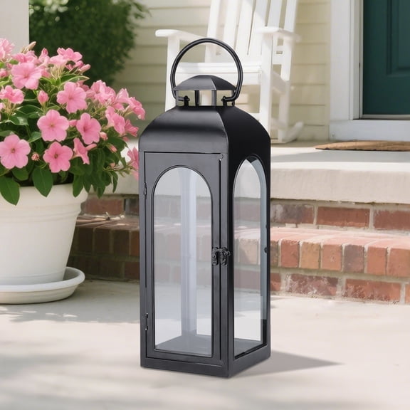 20 Inch Black Metal Candle Lantern with Clear Glass Panels,Black Lantern,Decorative Hanging/Tabletop Lantern for Patio, Porch & Indoor Home Decor