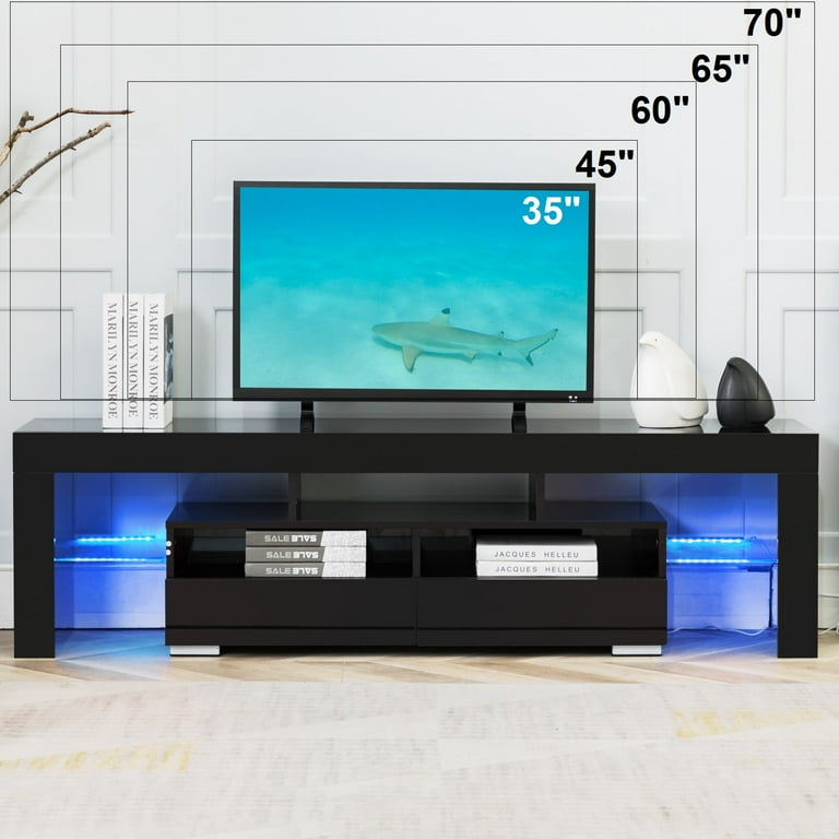 Bonzy Home High Glossy TV Stand for 70 Inch TVs with LED Light Modern LED TV Unit Media Console with Storage Black