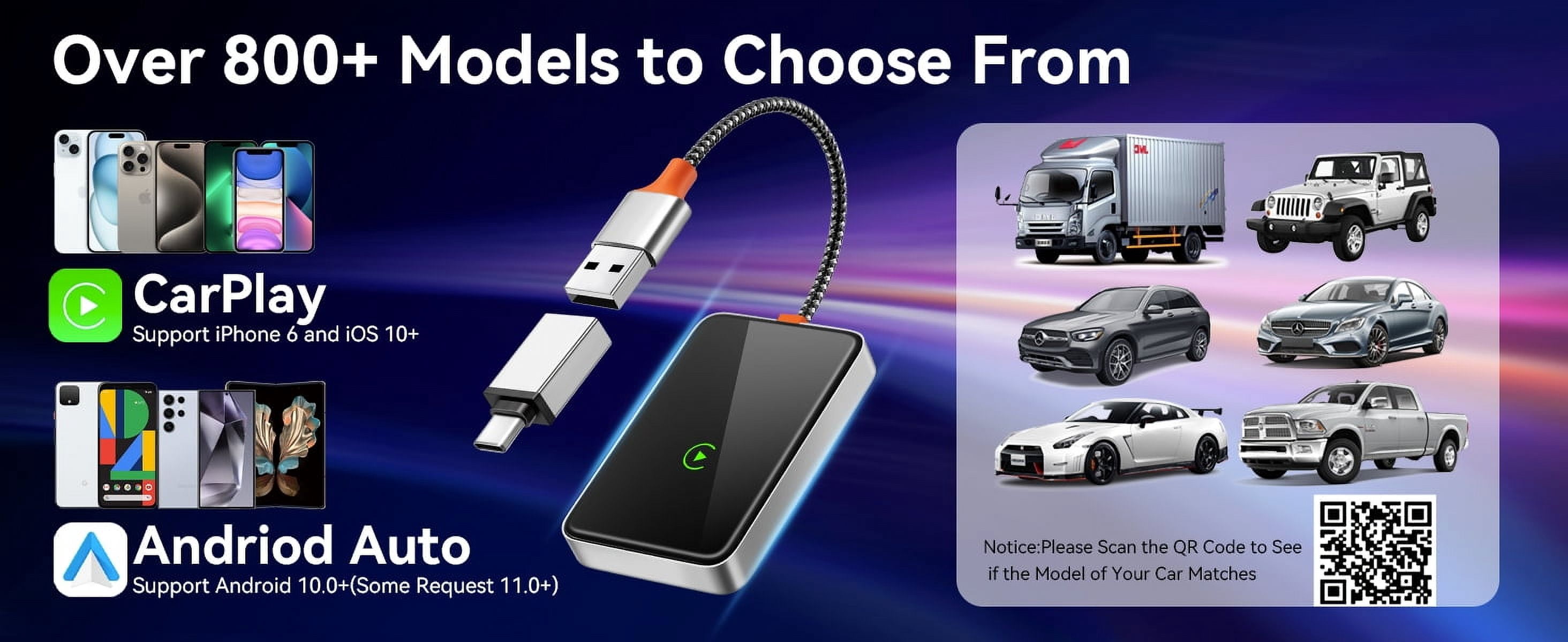 Wireless CarPlay Adapter, Plug & Play Stable Connection, Converts Wired to Wireless CarPlay Dongle, Carplay Wireless Adapter for Cars from 2017 & for Apple iPhone iOS 10+ Android 11.0+