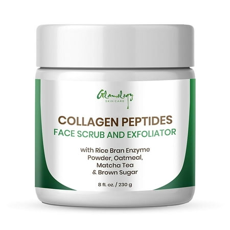NEW! Glamology Handmade Collagen Peptides Face Scrub and Exfoliator for Firm Glowing Skin, Anti-Aging, Wrinkle & Age Spot Repair with Rice Husk, Oatmeal, Matcha Tea, Brown Sugar. (8 fl.