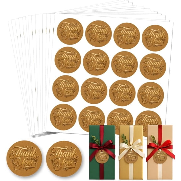 320 Pcs Thank You Stickers 2 Inch Round Kraft Paper Stickers Appreciation Labels Self-Adhesive Waterproof Sticker