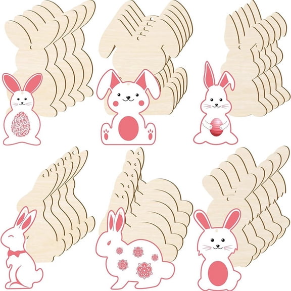 72PCS Easter Wood Bunny Cutouts Unfinished Wooden Cutouts Blank Bunny Shape Slices Hanging Ornament Craft