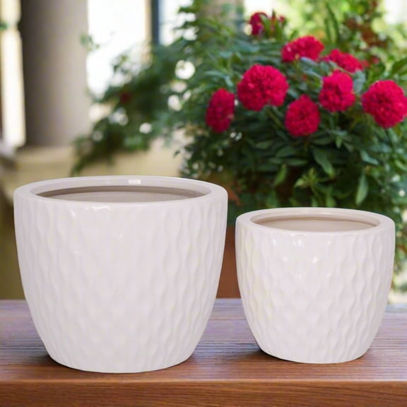Beylin White Gloss Ceramic Planter Set, Round Indoor Planter Pots, Set of 2