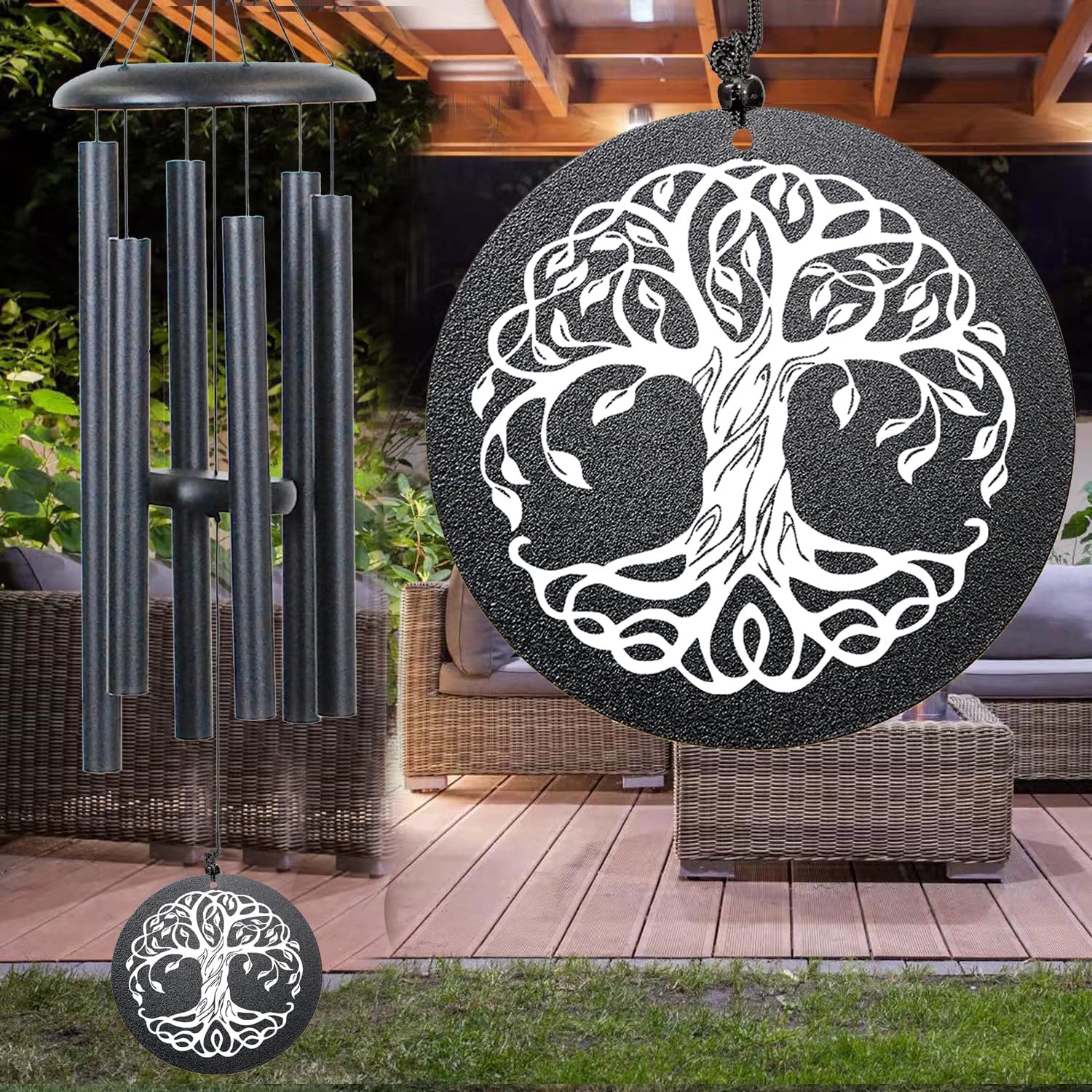 Retirement Wind Chime, Tree of Life, Inspirational Retirement Gifts for Men, Women, Teacher, Co-Worker, Employee, Nanny, Nurse (Black)