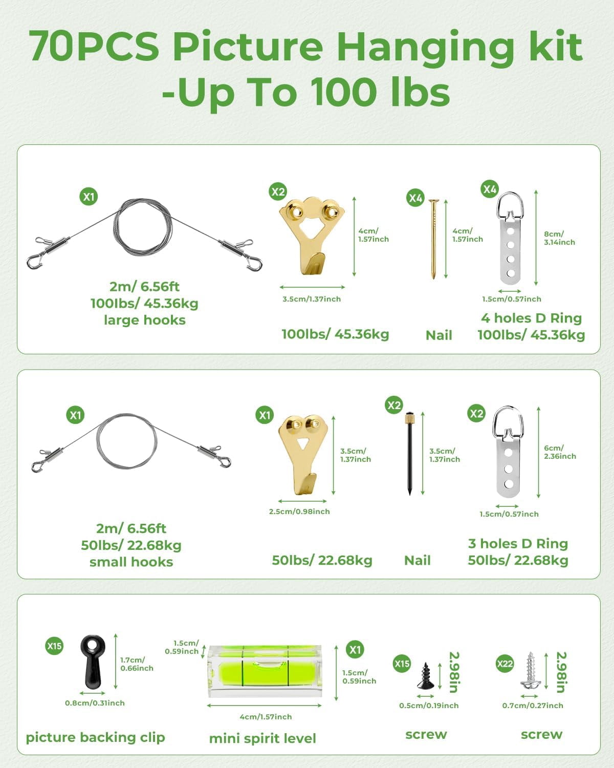 Picture Hanging Wire Kit Heavy Duty, 70PCS Mirror Hanging Kit for Large Frame/ Mirror up to 50lbs/ 100lbs, Including Adjustable Picture Wire, H s, D Rings, Frame Backing Clip, Mini Level