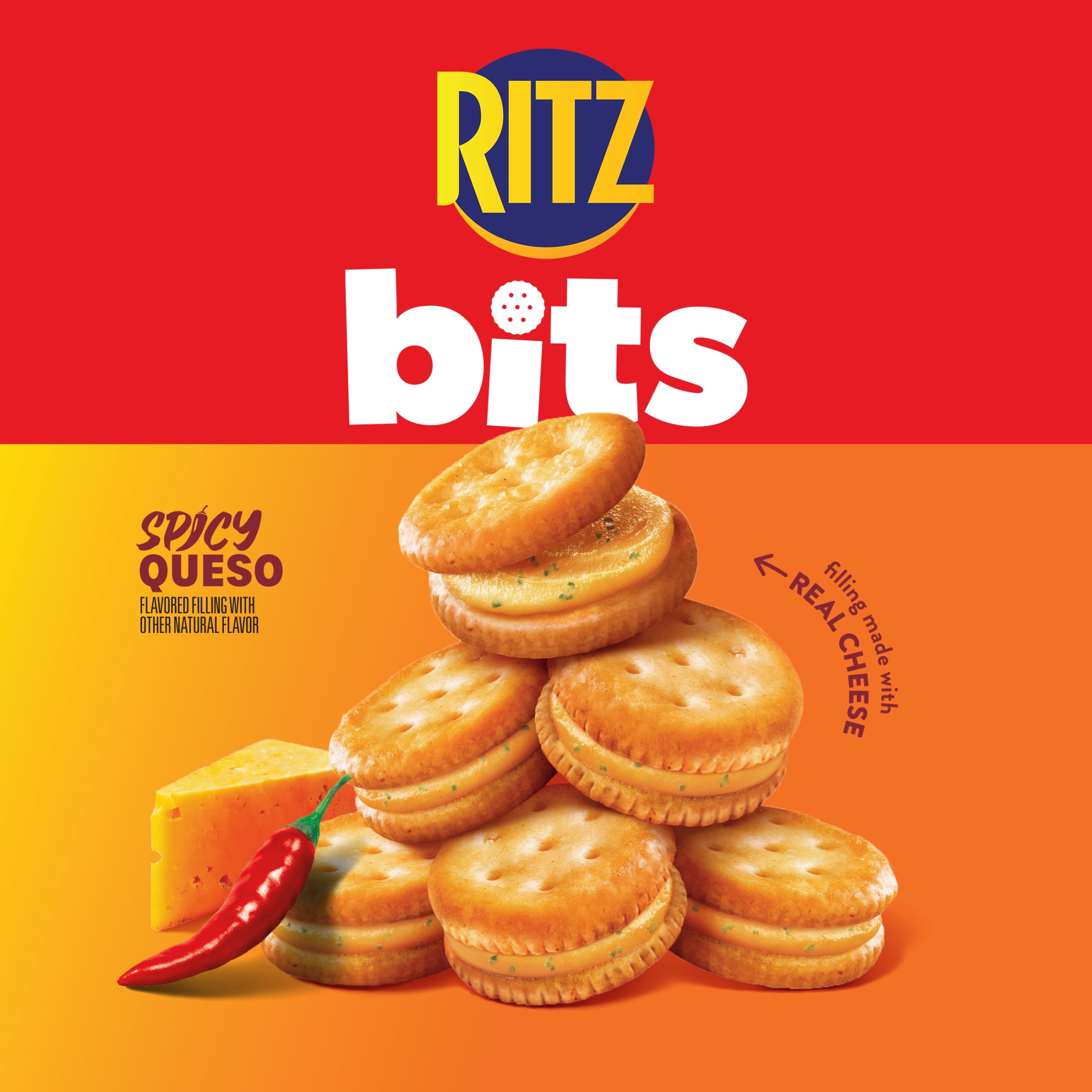 RITZ Bits Spicy Queso Cheese Sandwich Crackers, Snacks for Kids and Adults, Lunch Snacks, 8.8 oz