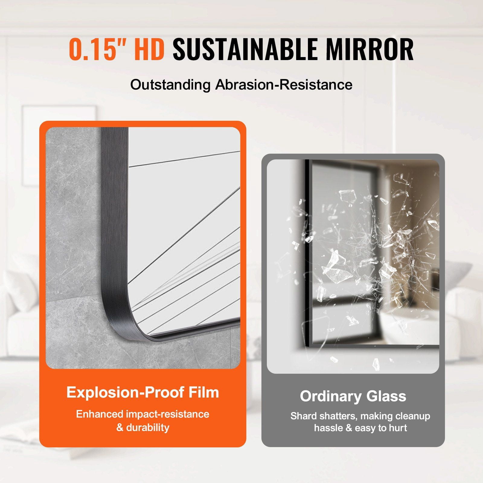 Wall Mounted Makeup Mirror 24x36 Inch 0.15 Inch Thick Aluminium Alloy Frame Explosion Proof Film Scratch Resistant Z Shaped Bracket for Bathroom Bedroom Living Room