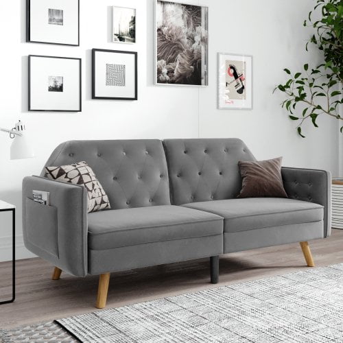 Futon Sofa Bed Velvet Upholstered Folding Lounge Couch With Storage Adjustable Backseat Convertible Tufted For Living Room Bedroom Apartment Dorm Com Futon Sofa Bed Velvet Upholstered, Tufted Upholstered Futon Sofa Bed