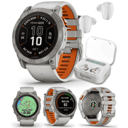 Garmin fenix 7X Pro Solar Sapphire Multisport GPS 51 mm Smartwatch, Titanium, Gray/Orange with Wearable4U White EarBuds Bundle