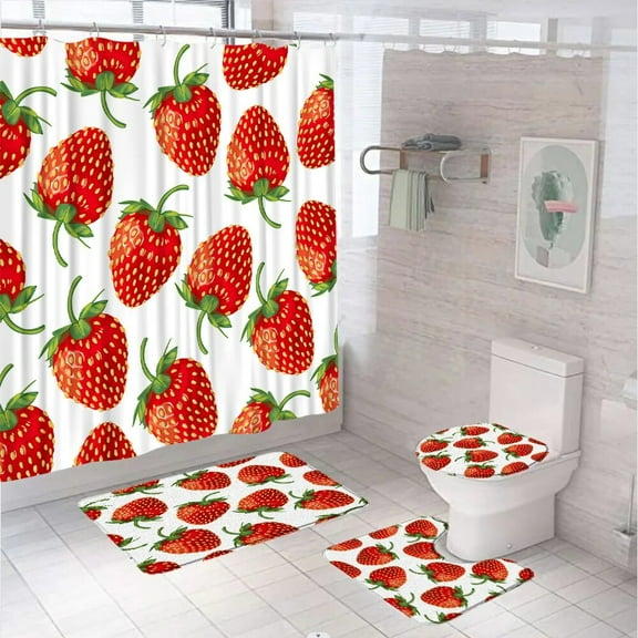 Strawberry Bathroom Curtains Fabric Summer Fruit Shower Curtain for Kid Girl Botanical Leaves Non-Slip Bath Mat Rug Toilet Cover