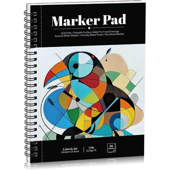 50 Sheets Marker Paper Pad, Bleedproof Art Sketch Pad, 73lb/120gsm Drawing Paper Spiral Sketch Book, Painting Col