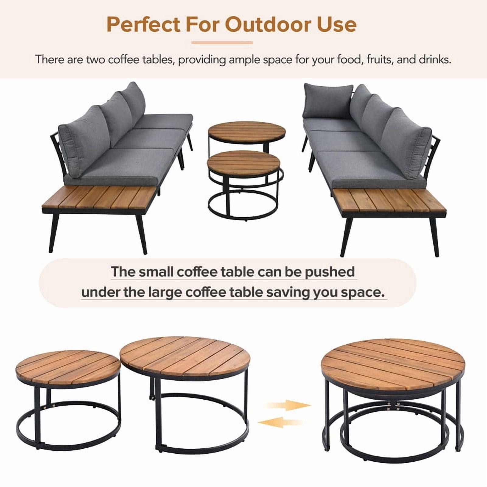 6-Piece L-Shaped Outdoor Sectional Sofa Set with Round Nesting Coffee Tables, Patio Furniture Set with Side Tables, Outdoor Conversation Set with Cushions