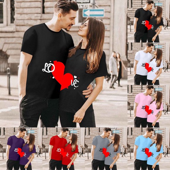Short Sleeve Shirts For Couples Matching Valentine's Heart Print Fashion Casual Crew Neck Loose T Shirt Comfortable Comfy Soft His And Her Basic Tee Vacation Clothes Red S