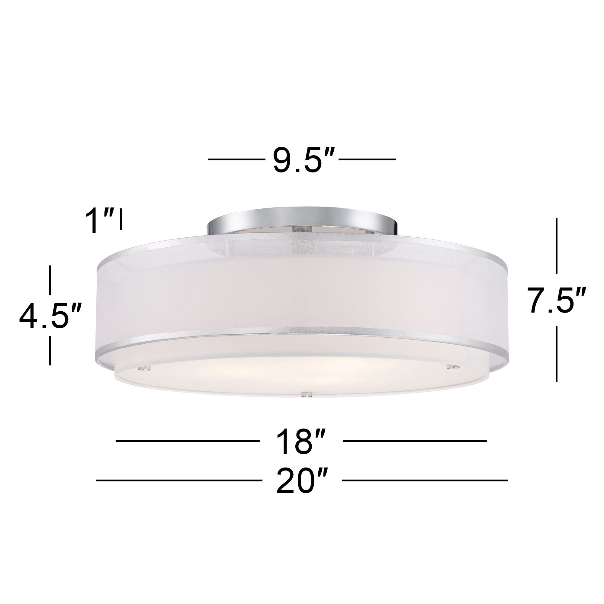 Possini Euro Design Modern Ceiling Lighting Semi Flush Mount Fixture 20" Wide Chrome 3-Light Sheer Outer Off White Inner Drum Shade for Bedroom House