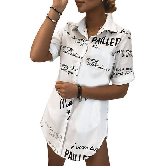 DYMADE Women Button Down Neck Letter Print Fashion Casual Top
