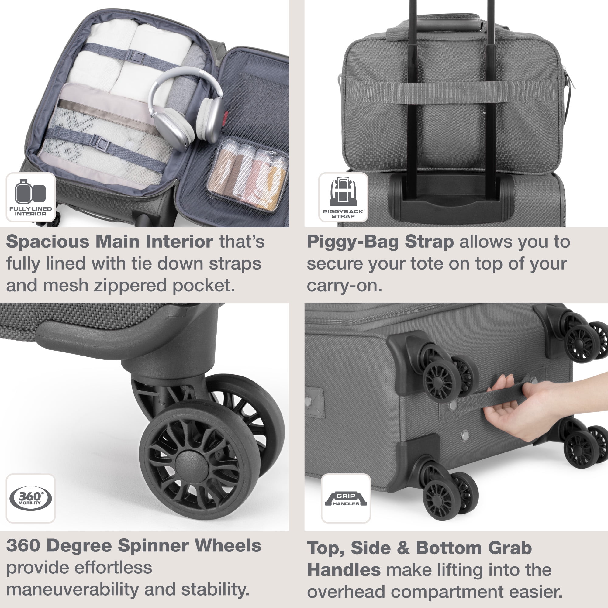 U.S. Traveler Rio 2-Piece Expandable Softside Carry-on Luggage Set - Spinner Wheels, TSA-Approved, Tote Bag, Lightweight Travel Suitcase, Gray (22/14)