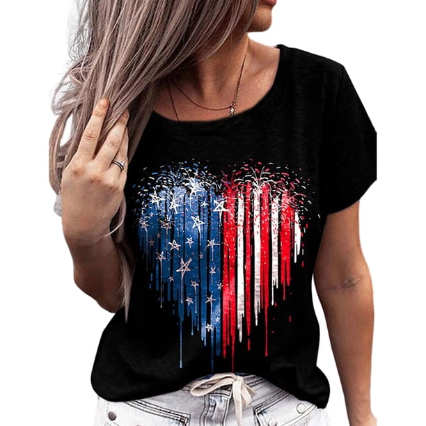 Imprimir Camisetas Casuales Camiseta holgada para mujer Camiseta con rayas de estrellas del 4 de julio Tops femeninos de verano (Negro XL) Ygjytge para Mujer Negro T XL