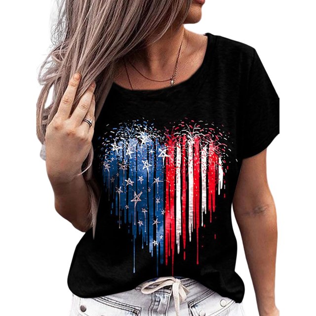 Imprimir Camisetas Casuales Camiseta holgada para mujer Camiseta con rayas de estrellas del 4 de julio Tops femeninos de verano (Negro XXL) Cgtredaw Para estrenar