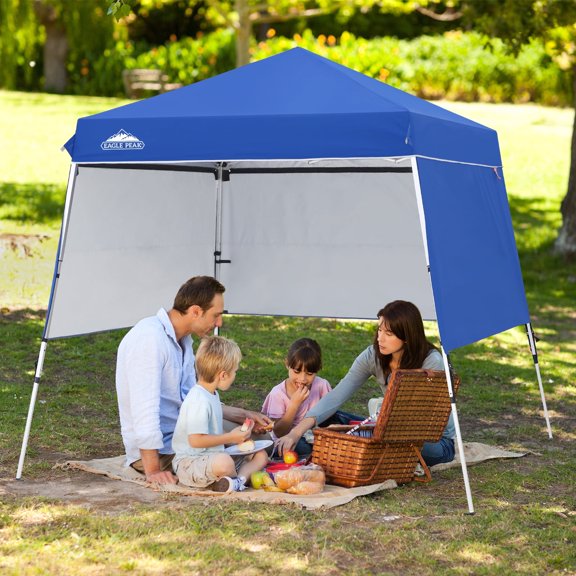 EAGLE PEAK 8ft x 8ft Instant Pop Up Aluminum Frame Slant Leg Outdoor Canopy with 3 Sidewalls and Backpack Bag, Blue