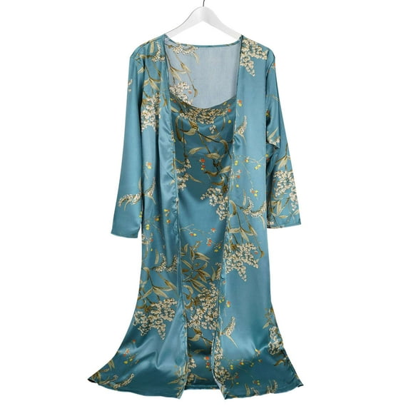 Deago Women's Satin Nightgown with Robes Set 2 Piece Sleepwear Bathrobe Sexy Floral Lingerie Pajamas Silky Cami Nightwear (Blue, M)