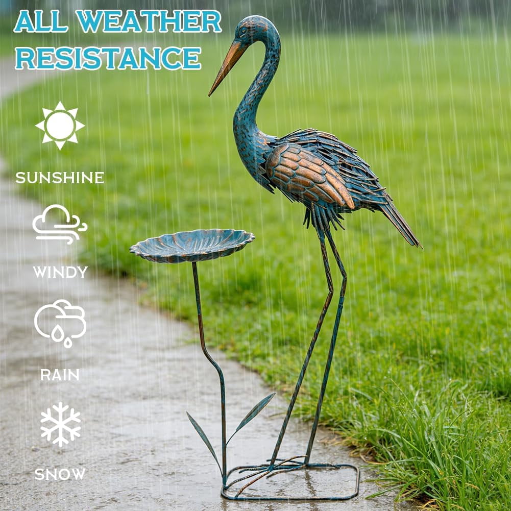 Metal Crane Garden Statue for Outside, Large Heron Outdoor Statues with Leaf Tray, Elegant Crane Yard Art Garden Decor for Garden Yard, Porch