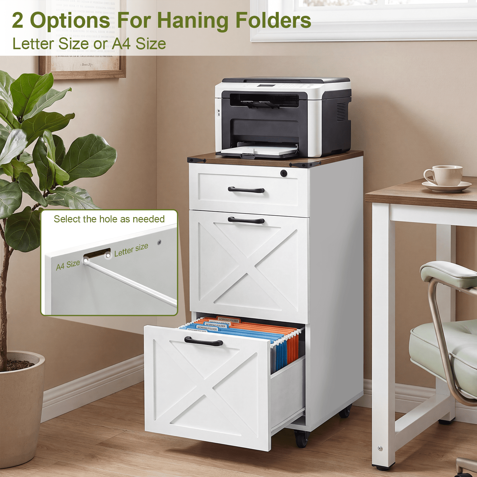 Leumius 3-Drawer File Cabinet with Wheels,Rustic Farmhouse Vertical Rolling Storage Cabinet,Printer Stand & Mobile Organizer for Letter/A4,White