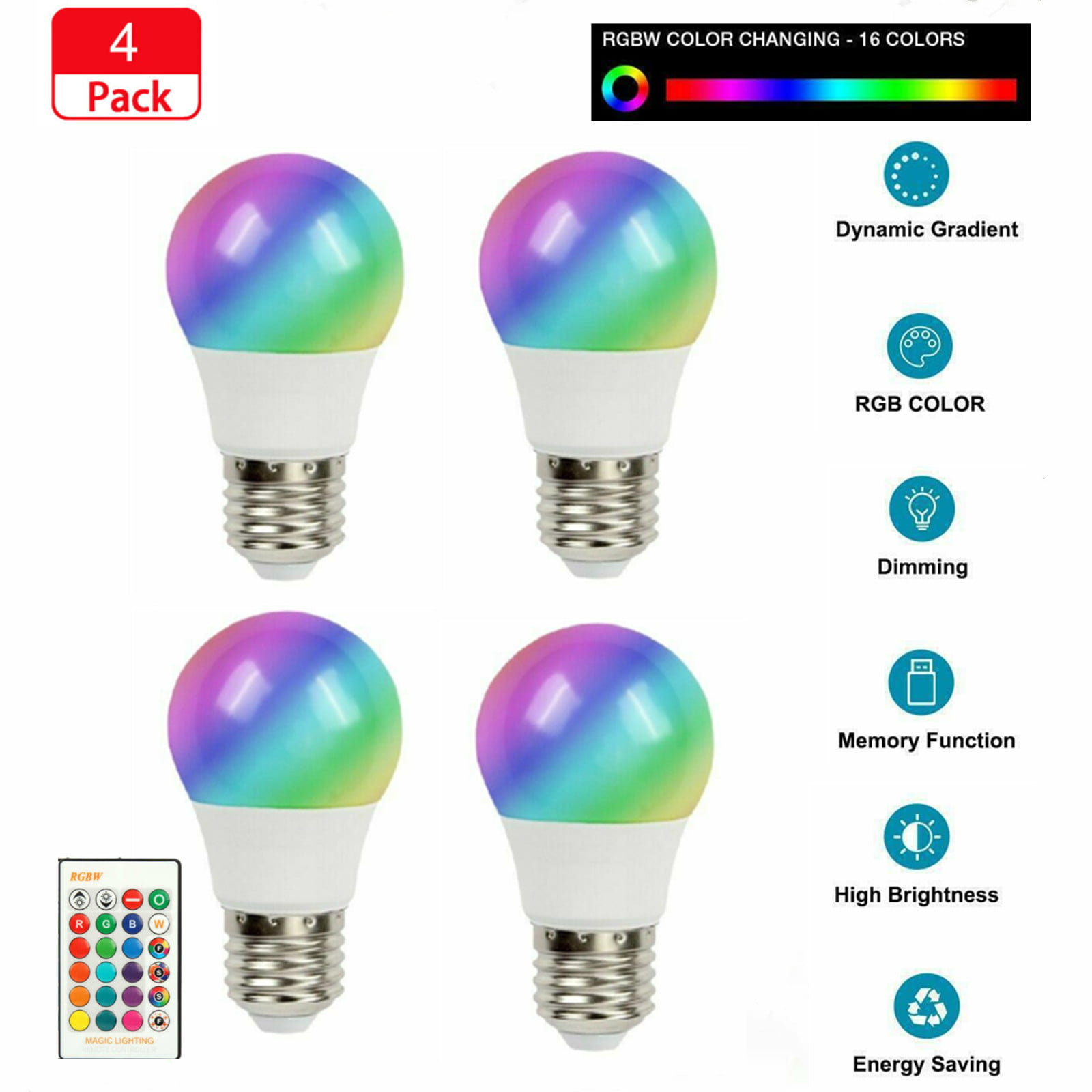 4X GU10 4W 16 Color Changing RGB Dimmable LED Light Bulbs W/ Remote Control Tool