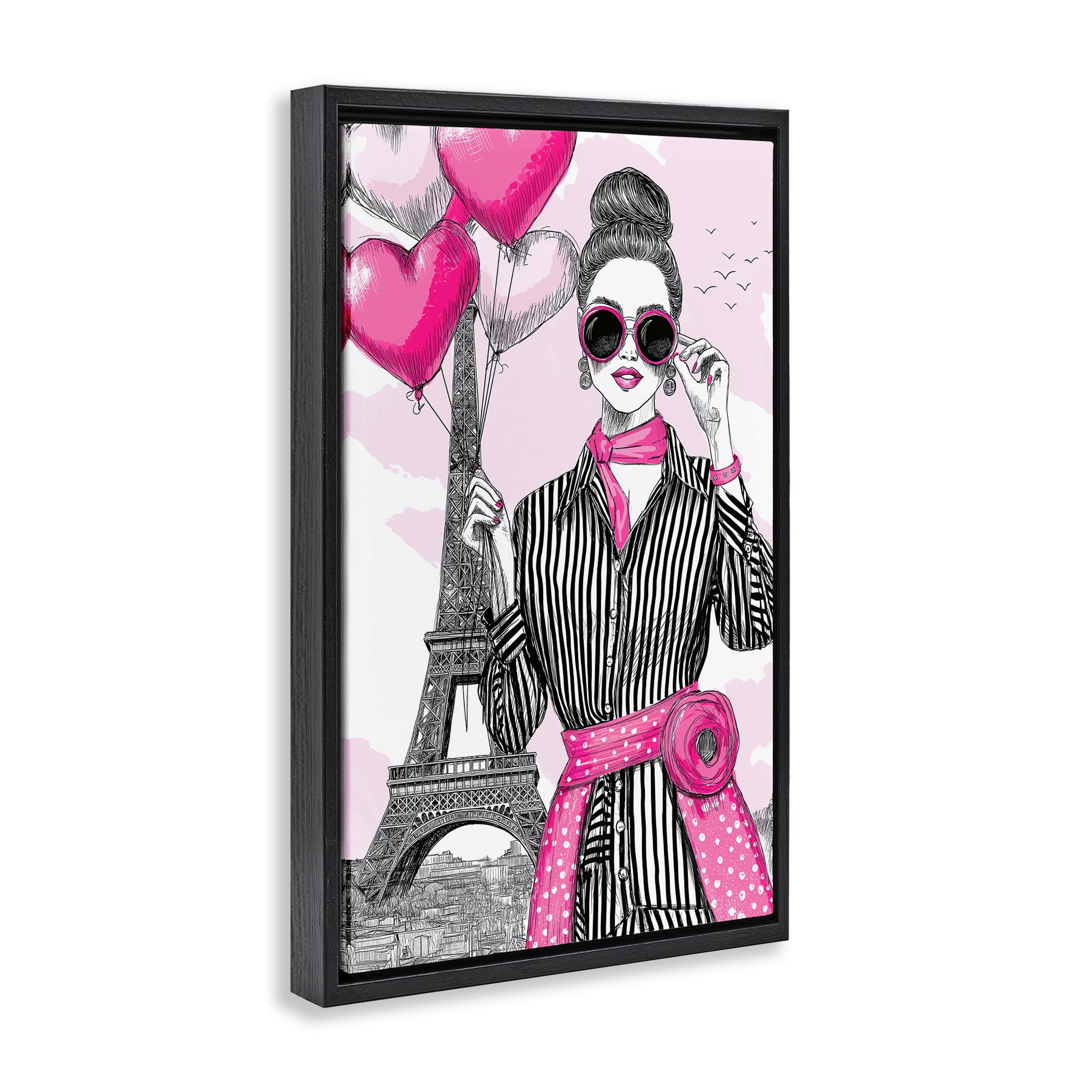 Stupell Industries Parisian Chic Woman with Balloons Black Framed Floater Canvas Wall Art, design by Jess Stempel