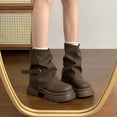 thumbnail image 2 of hopeusnice Slouchy Buckle Mid Calf Boot Round Toe Chunky Sole On Design Street Style Boot Brown 37, 2 of 5