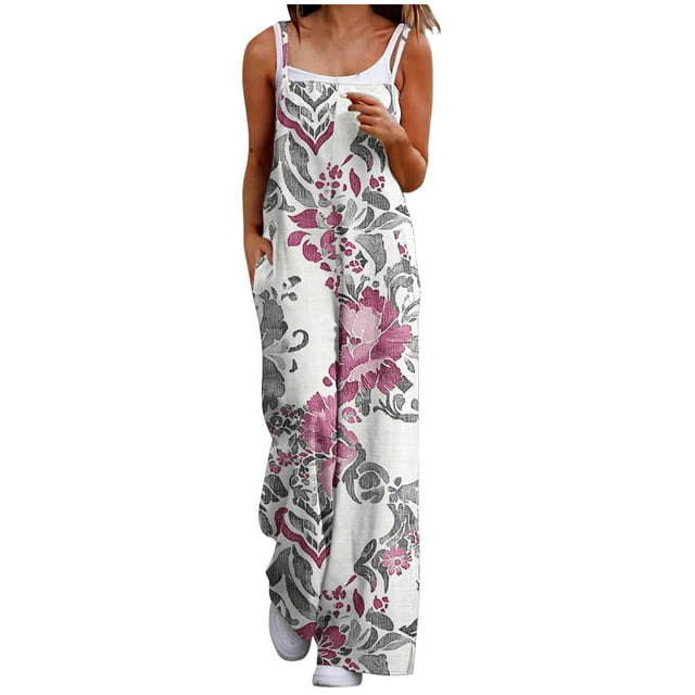yoeyez Plus Size Jumpsuits for Women,Womens Flower Printed Long Rompers Sleeveless Adjustable Straps Backless Playsuits Overalls With Pockets Multicolor,3XL