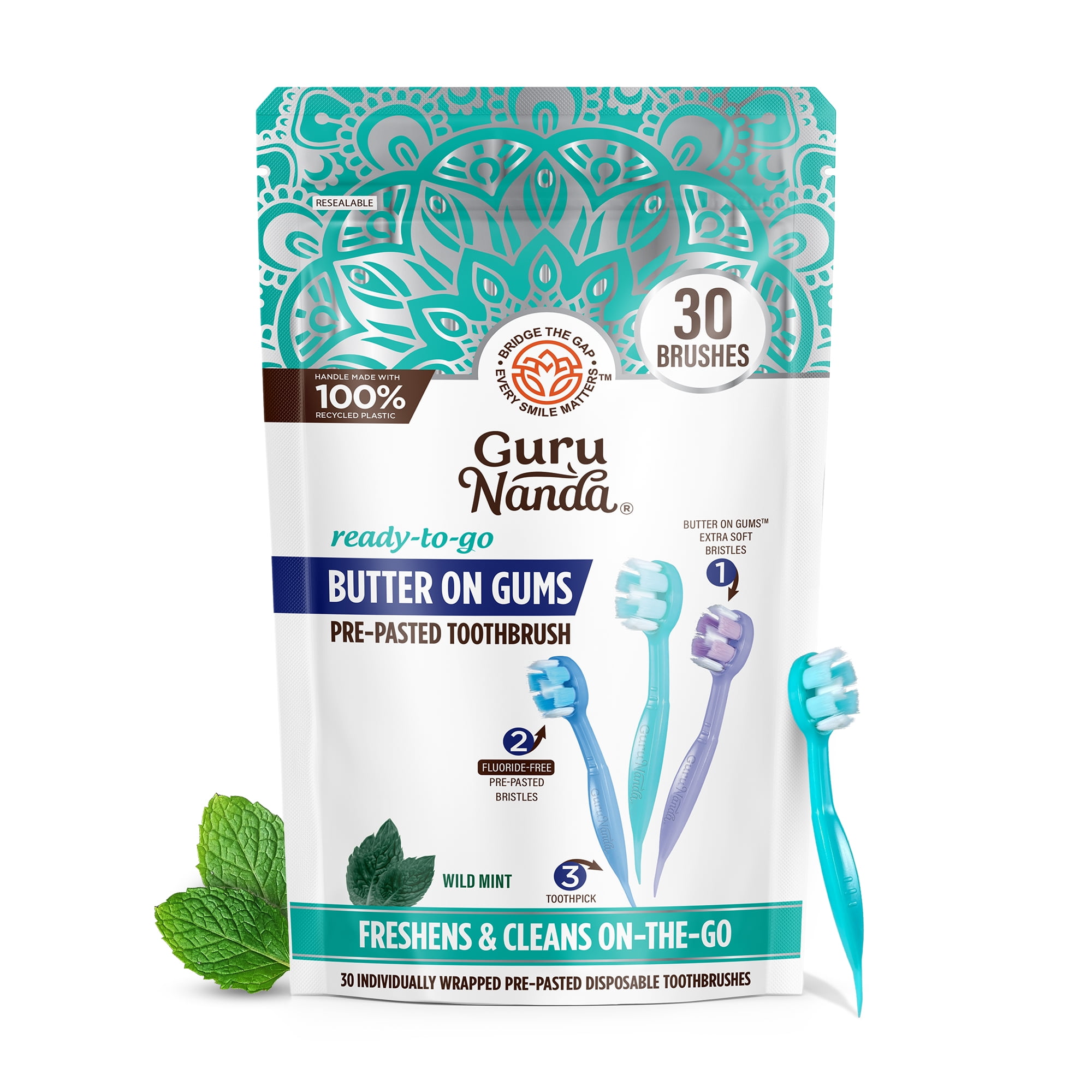 (2 pack) GuruNanda Butter on Gums Mini Travel Toothbrushes - Soft Bristles with Toothpaste -  30 Count