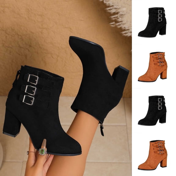 LEAVINGSUO Women's Ankle Boots Fashion Casual Round Head Buckle Strap Thick Heel High-Heels Winter Boots Black 35