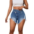 thumbnail image 2 of Women's High Waisted Ripped Denim Shorts with Pockets Frayed Raw Hem Distressed Jean Shorts for Summer Casual Wear Light Blue L, 2 of 5