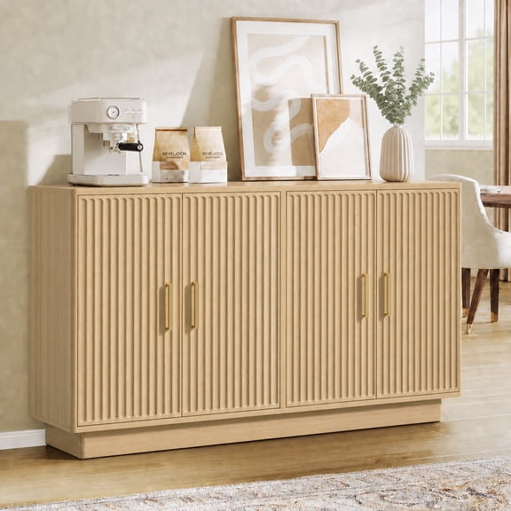 55in Buffet Cabinet, PAPROOS Modern Fluted Sideboard Cabinet with 4 Doors and Adjustable Shelf, Wooden Coffee Bar Cabinet Station for Dining Room Living Room, Natural