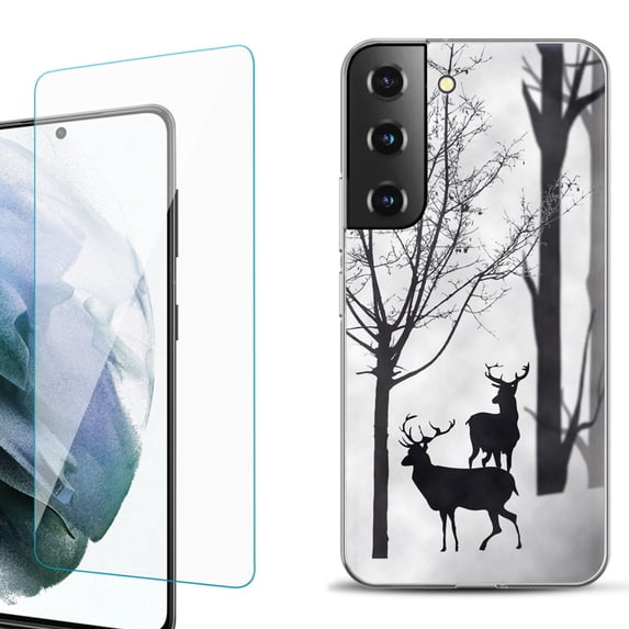 Slim-Fit Fashion Gel Phone Case for Samsung Galaxy S22+ 5G / S22 Plus 5G, with Tempered Glass Screen Protector, by OneToughShield ® - Forest Deer