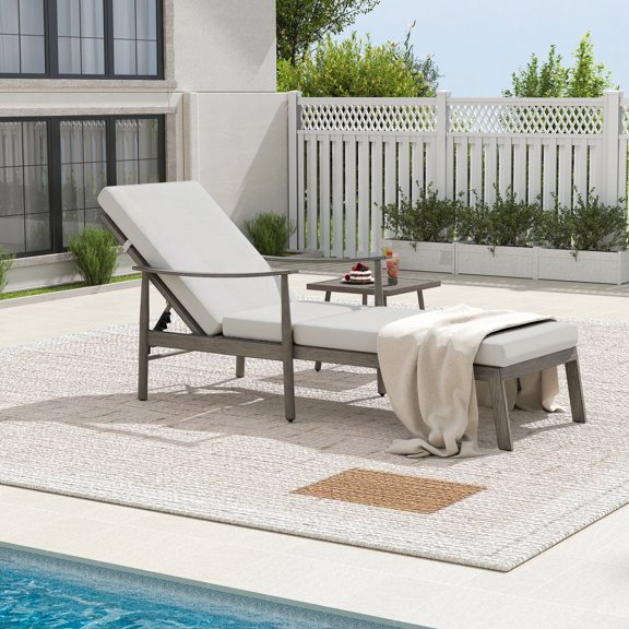 HAPPATIO Outdoor Chaise Lounge Chair Set of 2, Aluminum Pool Lounge Chair with Adjustable Backrest, Cushion, Curved Armrest, and Side Table, Outdoor Lounge Chair for Beach, Yard, or Poolside (Grey)