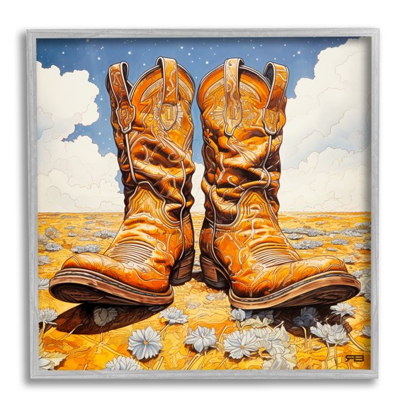 Stupell Industries Cowboy Boots Cloudy Landscape Landscape Painting Gray Framed Art Print Wall Art, 17 x 17