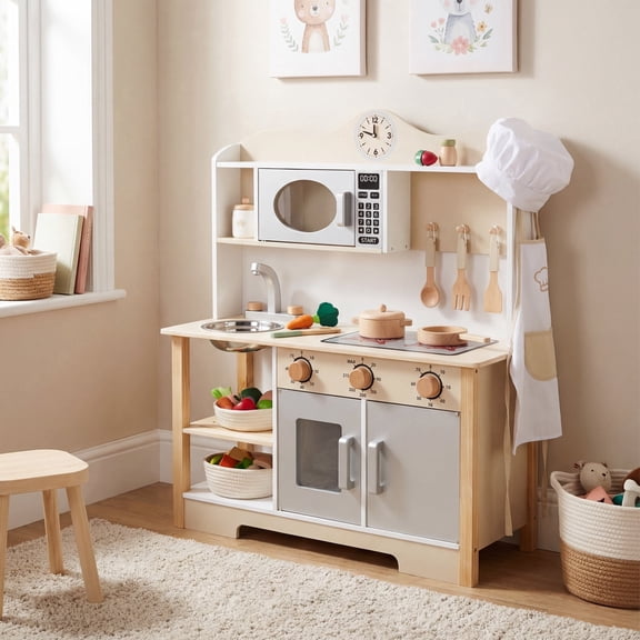 Wooden Play Kitchen Toy Set, Toy Kitchen Set, Children Toy Kitchen Set with Oven and Sink, Crafted from Solid Wood, for Kids Ages 3 , Educational Gift