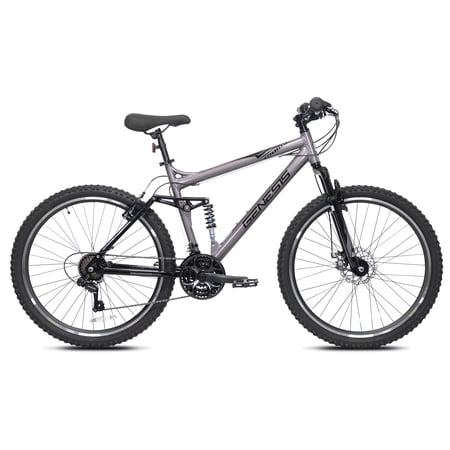 Genesis 26 In. Malice Men s Aluminum Full Suspension Mountain Bike with 21 Speeds  Front Disc Brake and Front Suspension  Metallic Gray