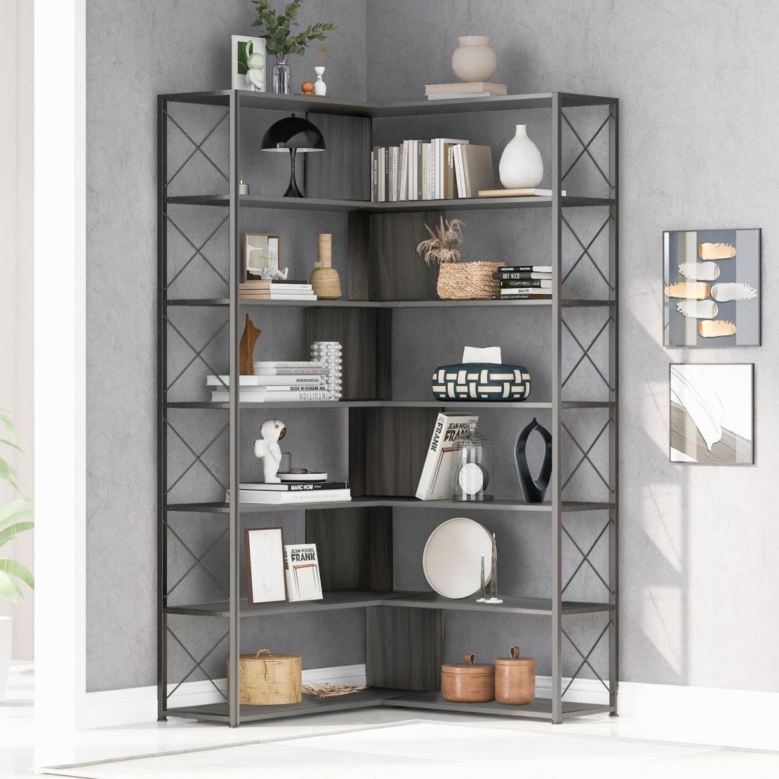 7Tier Bookcase, LShaped Corner Bookcase, Tall Bookshelf with Metal